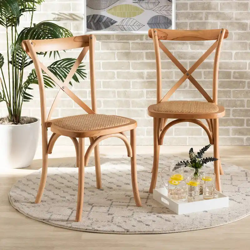Lot de 2 chaises de salle à manger en rotin tressé « Tartan Mid-Century » – Marron naturel
