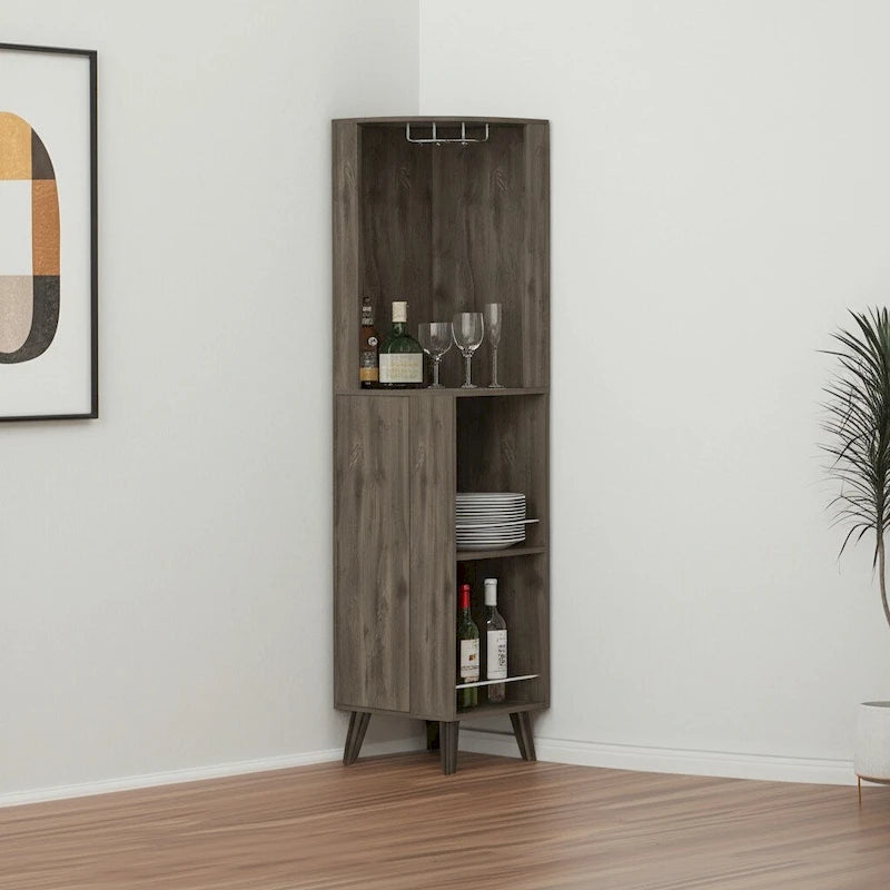 73 meuble de bar d'angle en bois brun foncé avec un tiroir