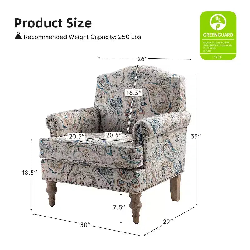 Fauteuil rembourré en bois avec motif floral, accoudoirs à panneaux et dossier en forme de bosse de chameau.