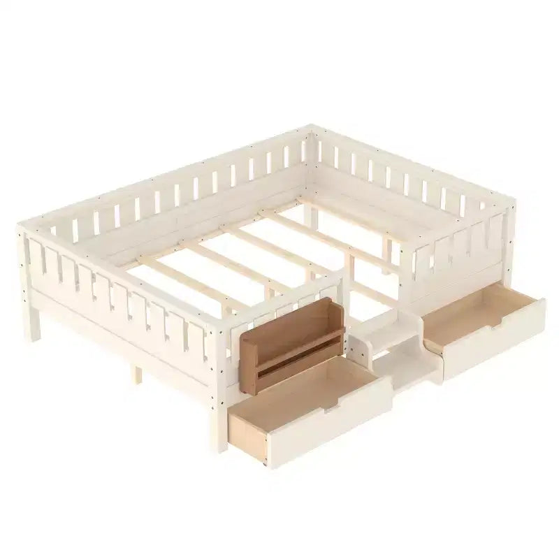 Lit pour tout-petits Bellemave Queen Size avec 14 barrières de sécurité, cadre de lit peu encombrant avec étagères intégrées et 2 tiroirs de rangement sous le lit