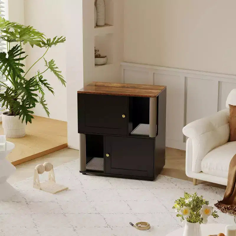 Meuble cache-litière double avec poteaux à griffer et tapis de litière à double couche pour animaux de compagnie d'intérieur