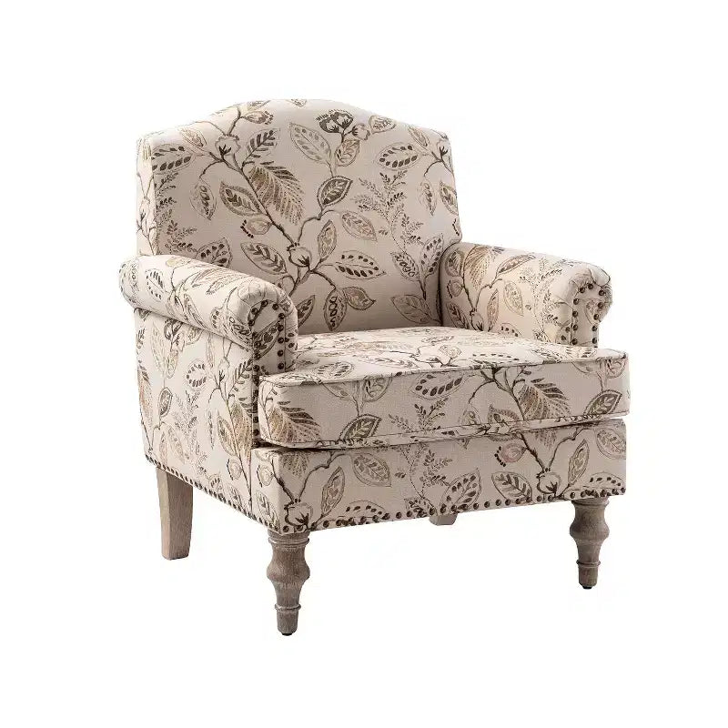 Fauteuil rembourré en bois avec motif floral, accoudoirs à panneaux et dossier en forme de bosse de chameau.