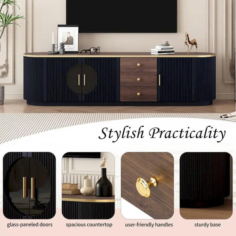 Meuble TV moderne minimaliste de 180 cm pour téléviseurs jusqu'à 80 pouces, centre de divertissement avec 3 tiroirs et 1 étagère, poignées en métal