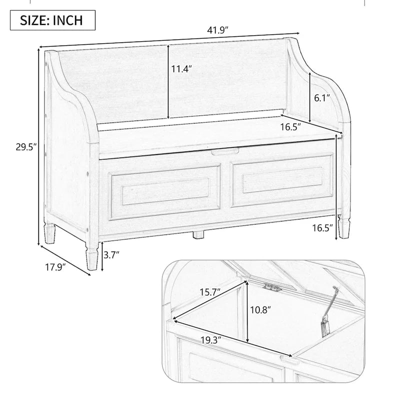 Banc de rangement multifonctionnel de style rustique avec charnière de sécurité