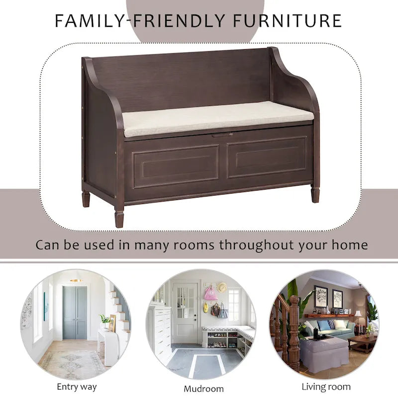 Banc de rangement multifonctionnel de style rustique avec charnière de sécurité
