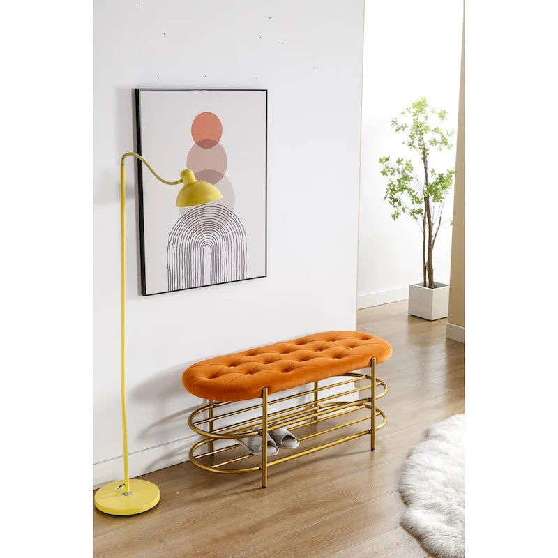 Banquette ronde en fer forgé avec coussin en velours et sac de rangement souple pour chaussures