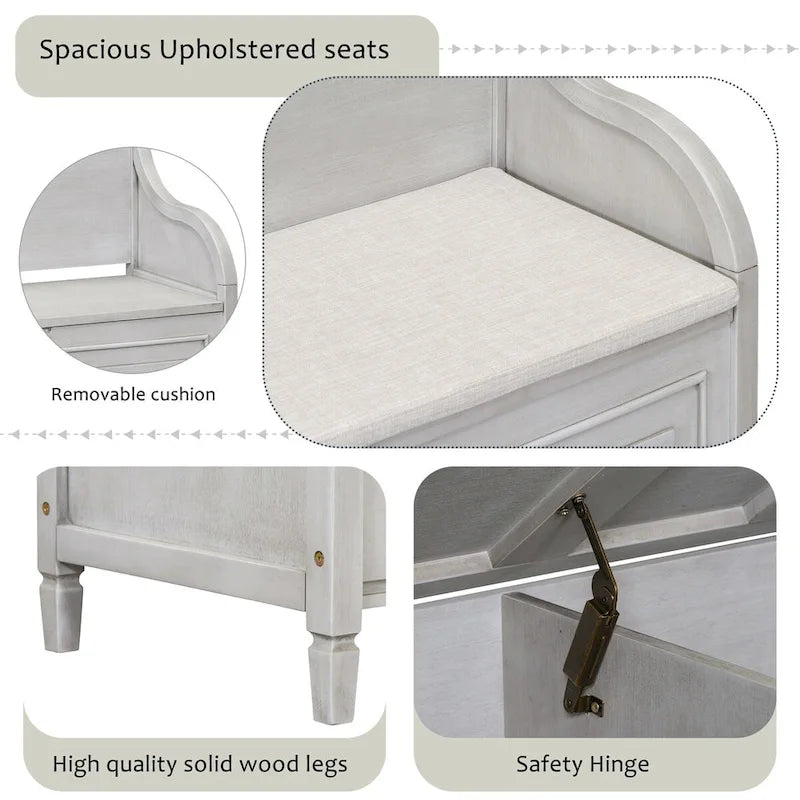 Banc de rangement multifonctionnel en bois massif de style rustique pour entrée avec charnière de sécurité