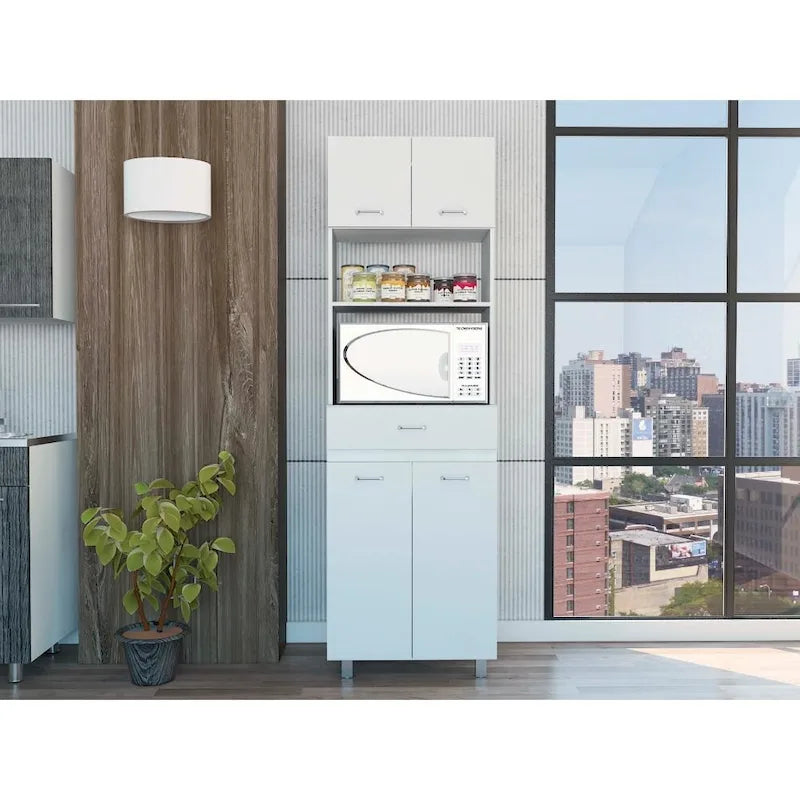 Meuble à micro-ondes, quatre pieds, un tiroir, double porte, une étagère - Blanc