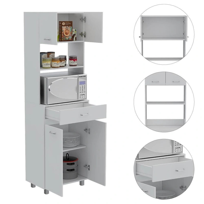 Meuble à micro-ondes, quatre pieds, un tiroir, double porte, une étagère - Blanc
