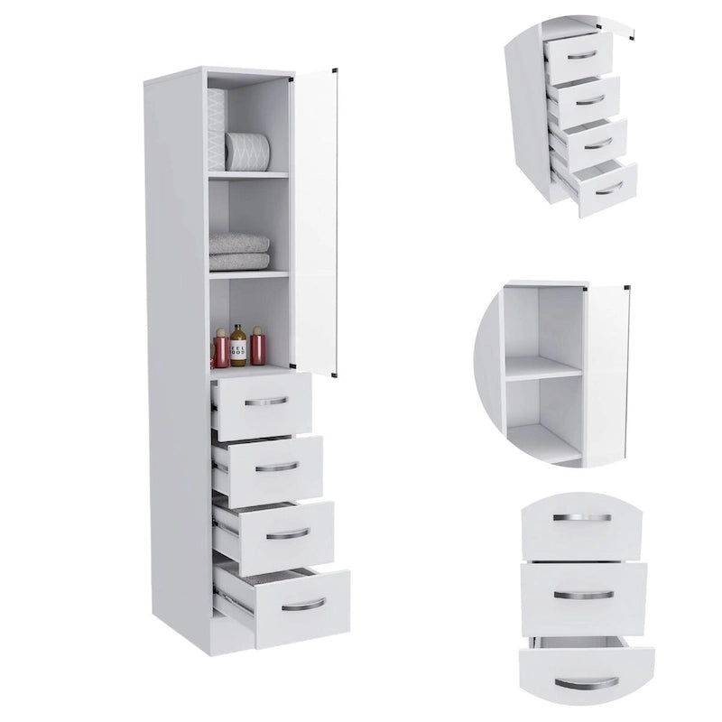 Meuble de rangement pour le linge, trois étagères, quatre tiroirs – Blanc