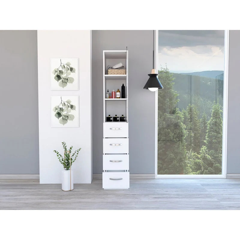 Meuble de rangement pour le linge, trois étagères, quatre tiroirs – Blanc
