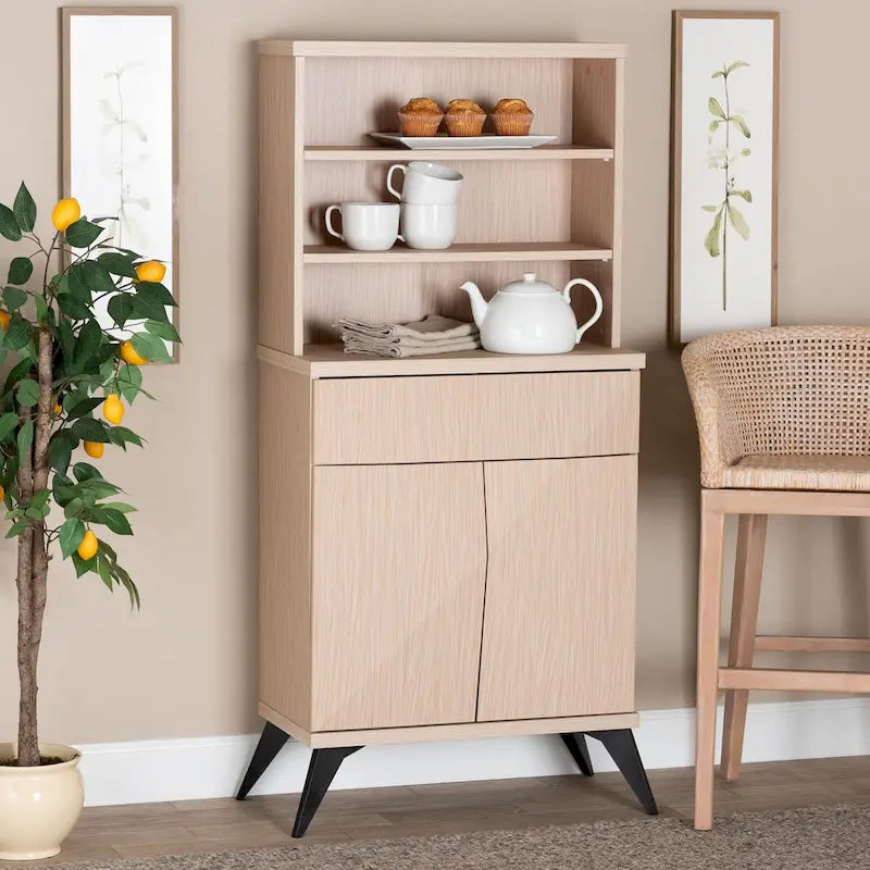Meuble de cuisine en bois bicolore marron clair et noir, style Mid-Century Modern