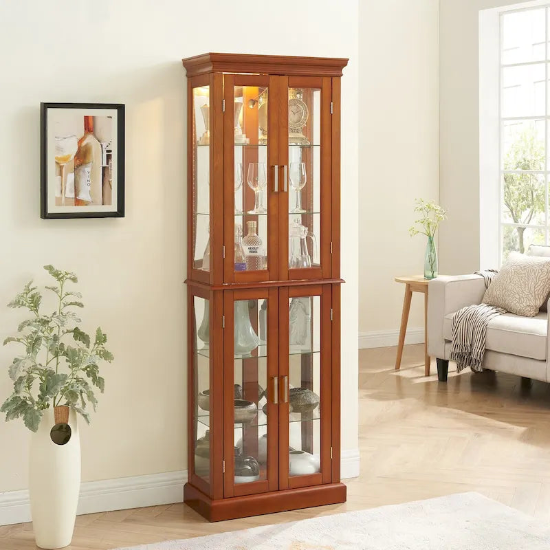 Vitrine éclairée, étagères réglables, panneau arrière miroir, portes en verre trempé (6 niveaux), (ampoule E26 non incluse)