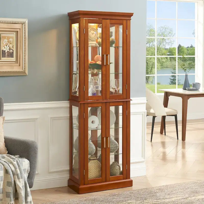 Vitrine éclairée, étagères réglables, panneau arrière miroir, portes en verre trempé (6 niveaux), (ampoule E26 non incluse)