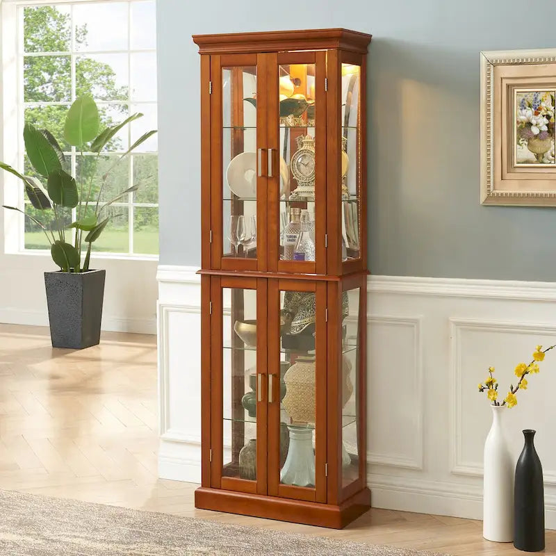 Vitrine éclairée, étagères réglables, panneau arrière miroir, portes en verre trempé (6 niveaux), (ampoule E26 non incluse)