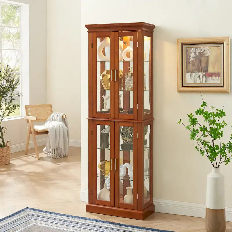 Vitrine éclairée, étagères réglables, panneau arrière miroir, portes en verre trempé (6 niveaux), (ampoule E26 non incluse)