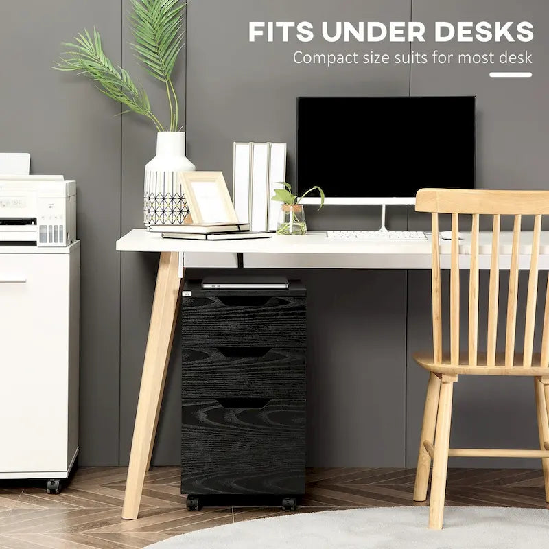 Meuble de rangement de bureau moderne à 3 tiroirs avec roulettes, grain de bois noir