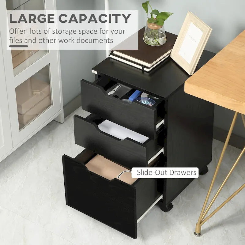 Meuble de rangement de bureau moderne à 3 tiroirs avec roulettes, grain de bois noir
