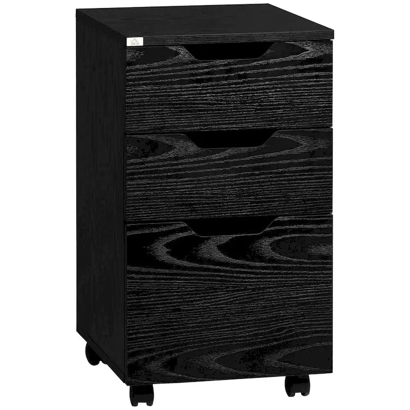 Meuble de rangement de bureau moderne à 3 tiroirs avec roulettes, grain de bois noir