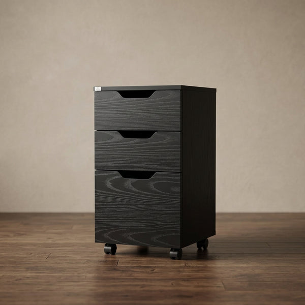 Meuble de rangement de bureau moderne à 3 tiroirs avec roulettes, grain de bois noir