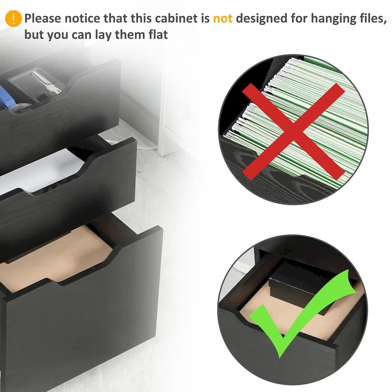 Meuble de rangement de bureau moderne à 3 tiroirs avec roulettes, grain de bois noir