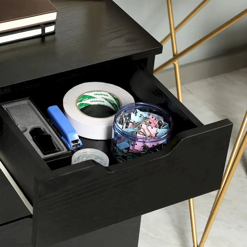 Meuble de rangement de bureau moderne à 3 tiroirs avec roulettes, grain de bois noir