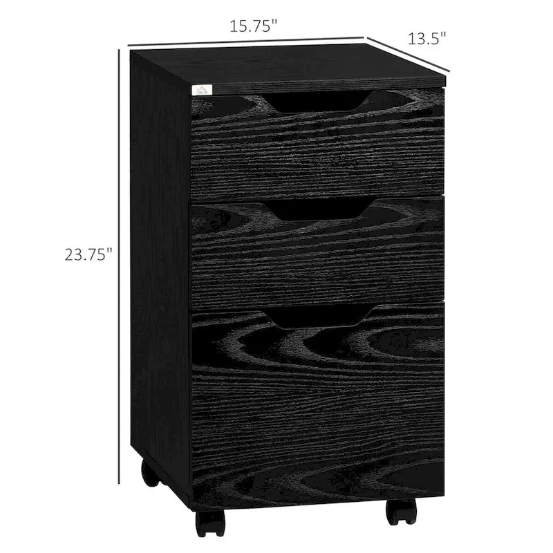 Meuble de rangement de bureau moderne à 3 tiroirs avec roulettes, grain de bois noir