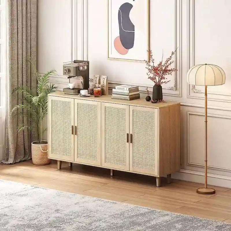 Armoire de rangement autoportante décorative en rotin à 4 portes