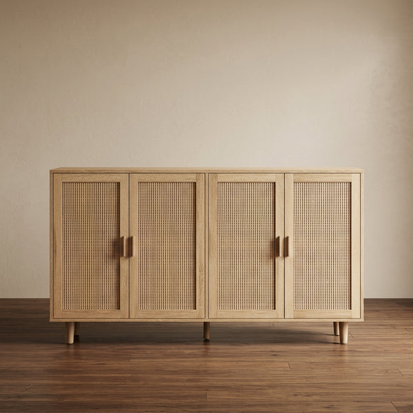 Armoire de rangement autoportante décorative en rotin à 4 portes