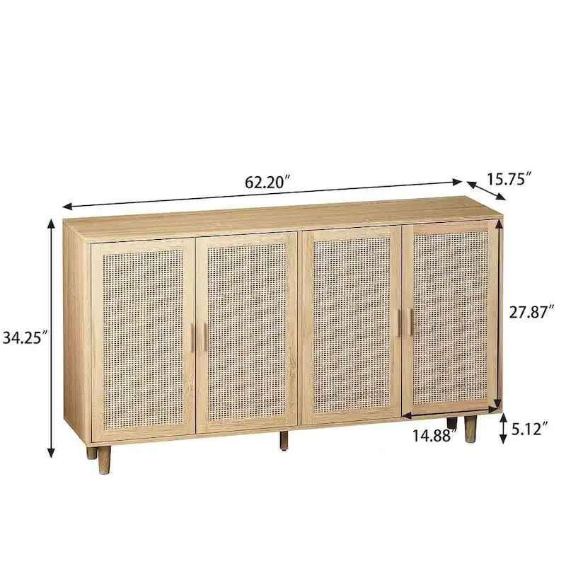 Armoire de rangement autoportante décorative en rotin à 4 portes