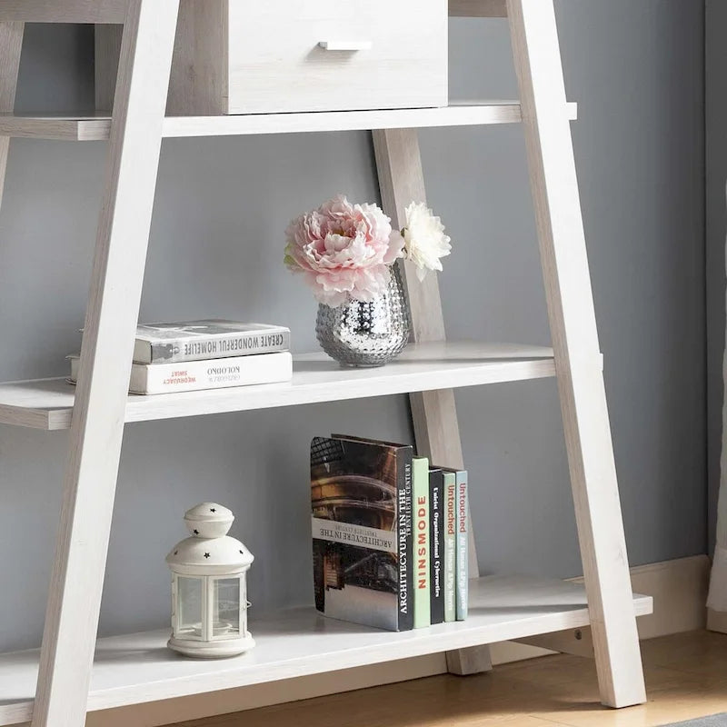 Vitrine de maison moderne à 4 étagères ouvertes avec tiroir central en chêne blanc