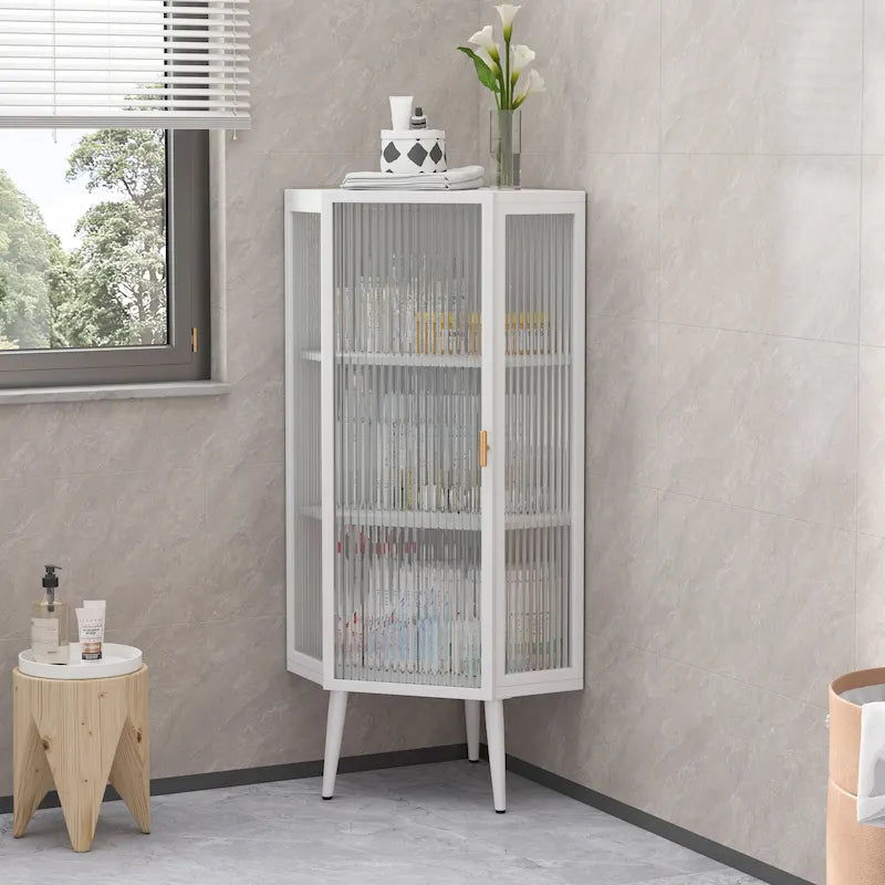 Meuble à trois niveaux avec portes en verre trempé et étagères de rangement