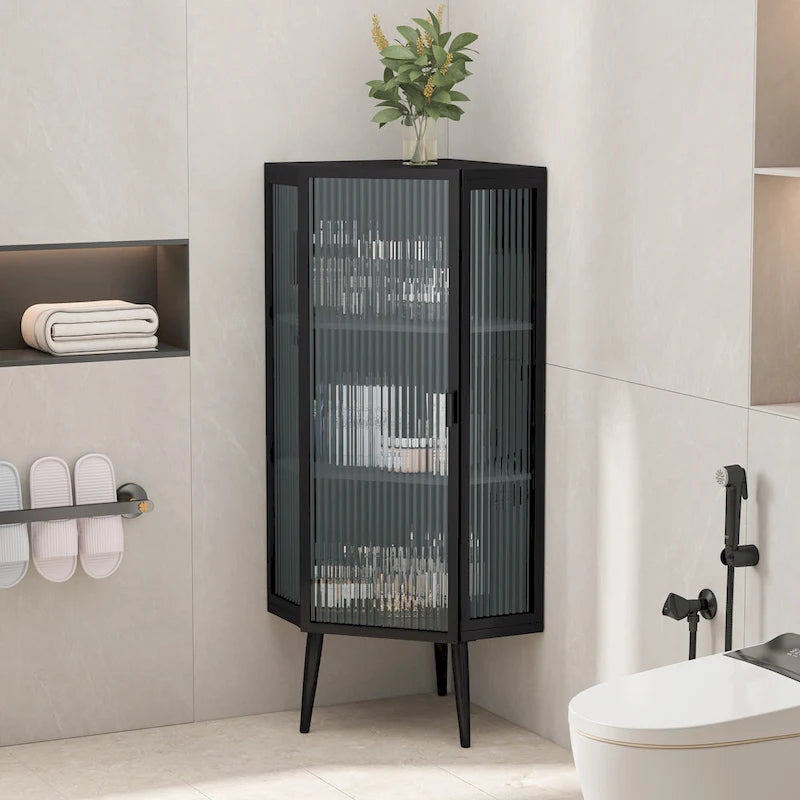 Three Tiers Cabinet with Tempered Glass Doors and Storage Shelves