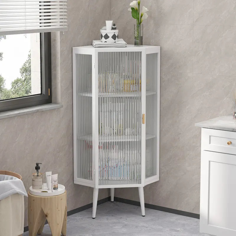 Meuble à trois niveaux avec portes en verre trempé et étagères de rangement