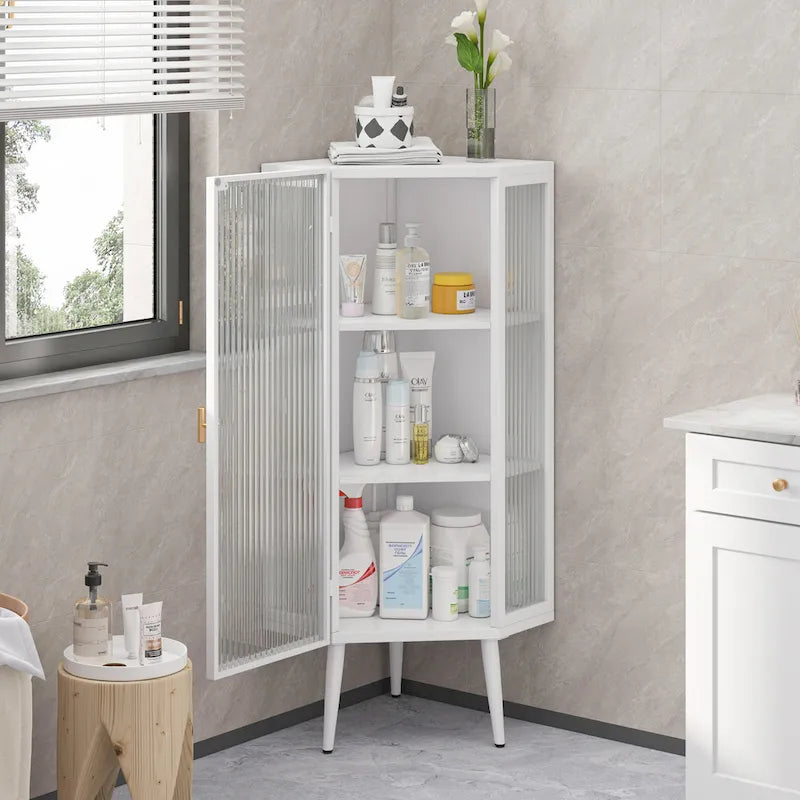 Meuble à trois niveaux avec portes en verre trempé et étagères de rangement