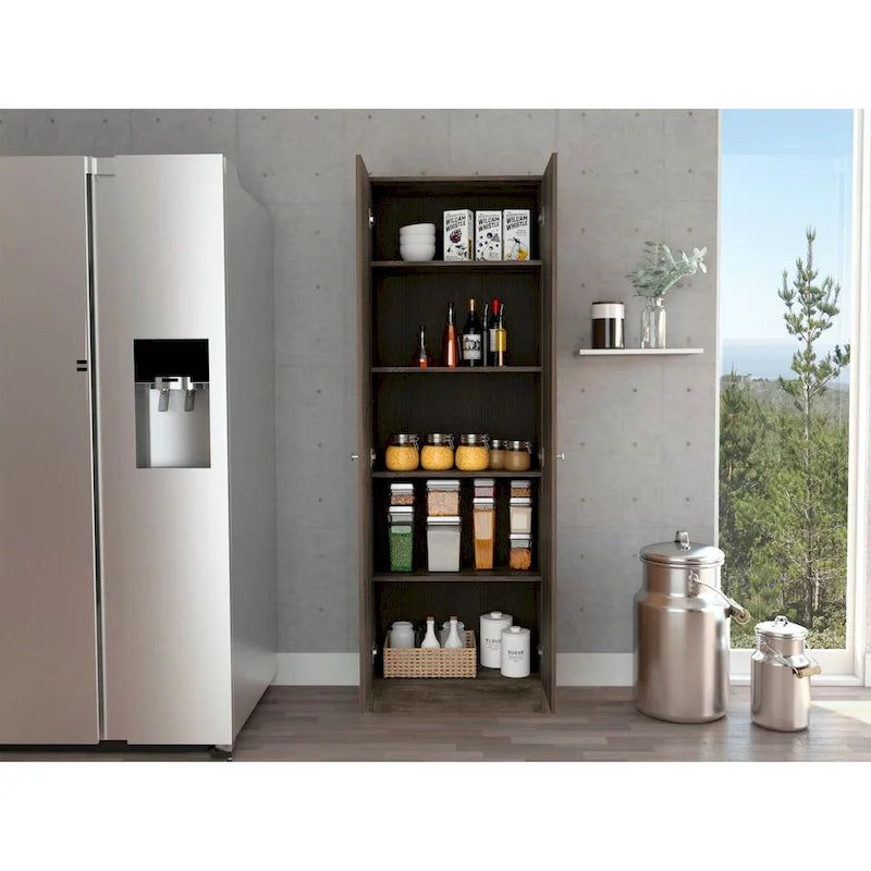 Armoire de rangement, cinq étagères, finition wengé marron foncé / noire, de haute qualité et durable