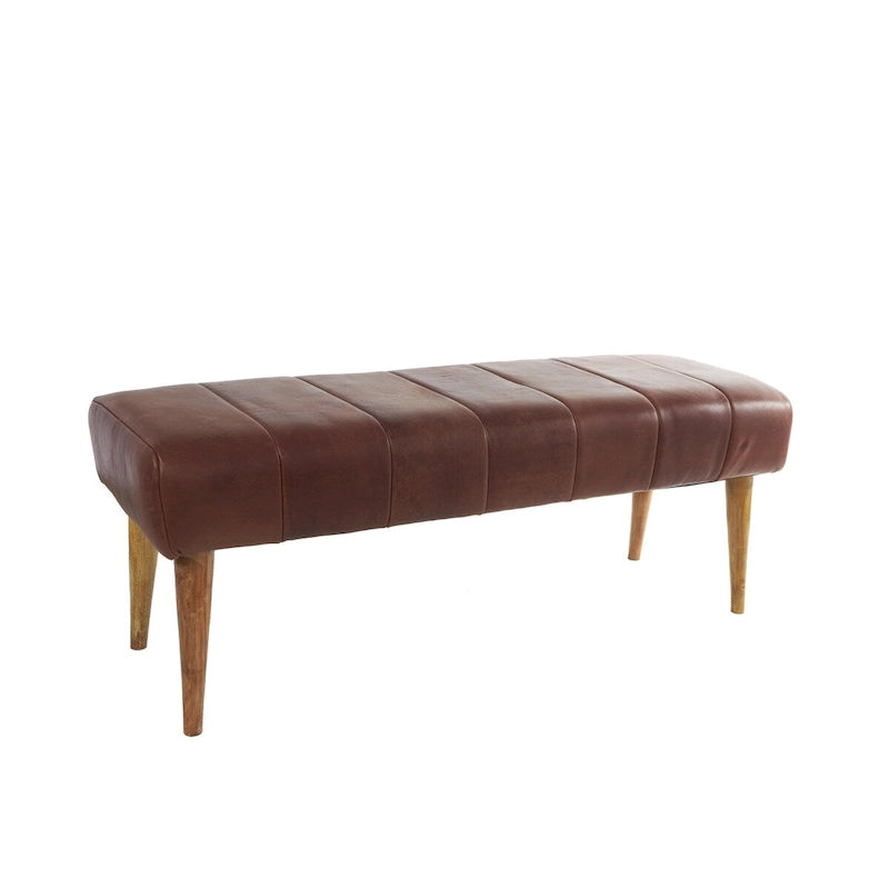 Banc de maison capitonné en cuir avec pieds en bois - Marron