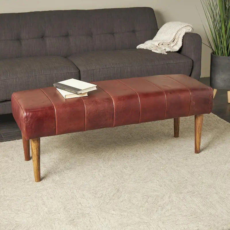 Banc de maison capitonné en cuir avec pieds en bois - Marron