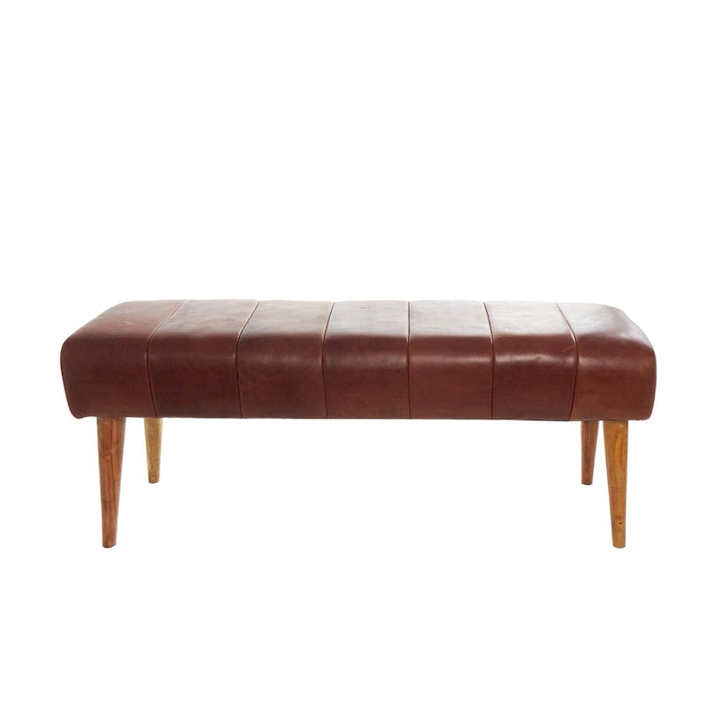 Banc de maison capitonné en cuir avec pieds en bois - Marron