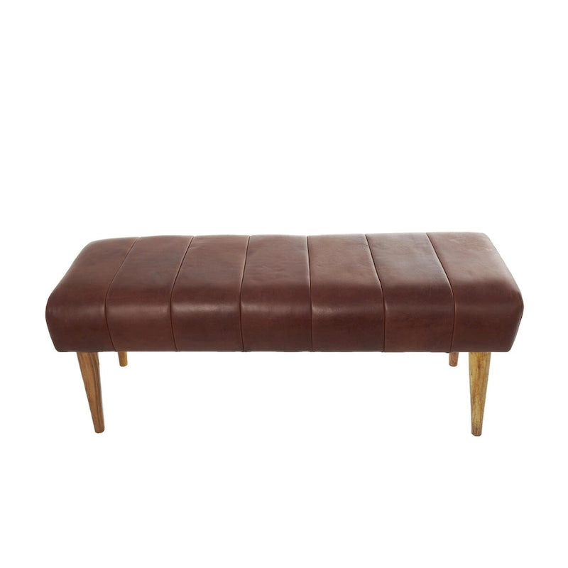 Banc de maison capitonné en cuir avec pieds en bois - Marron