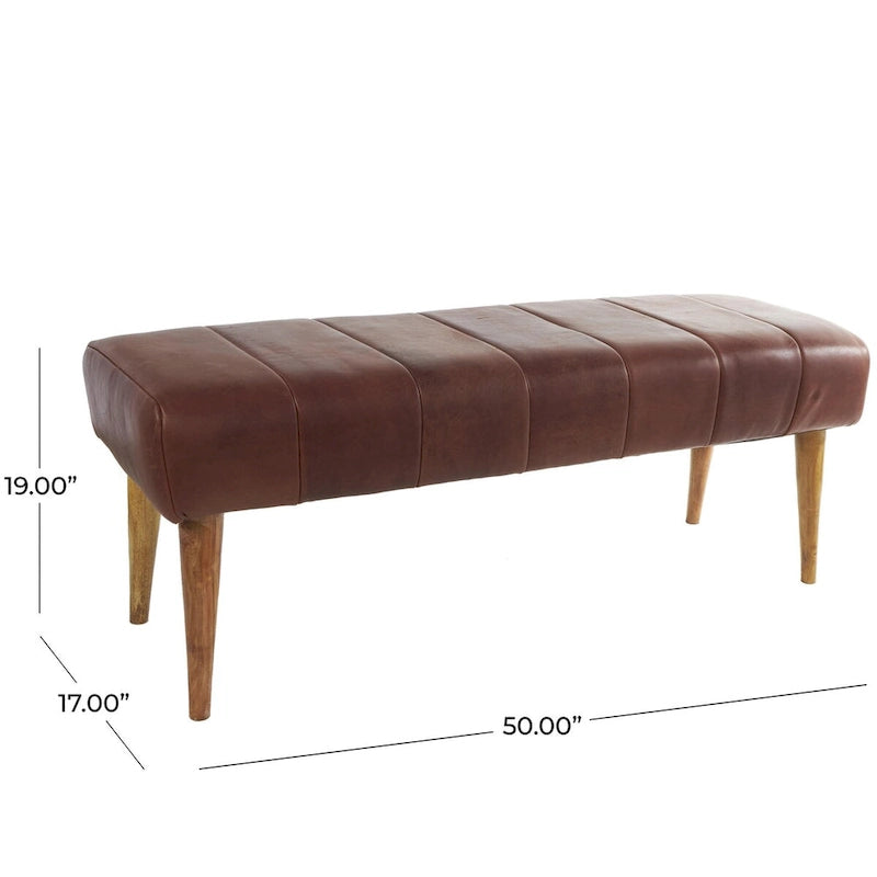 Banc de maison capitonné en cuir avec pieds en bois - Marron