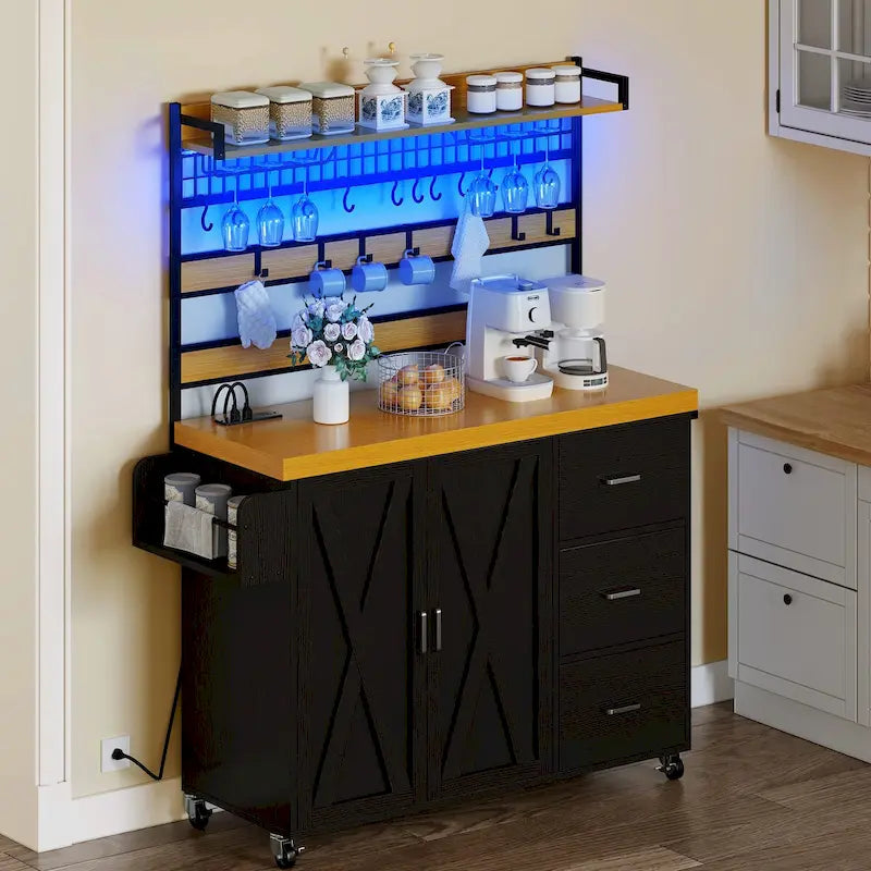 Grand îlot de cuisine roulant avec prise de courant et lumière LED, armoire de rangement avec étagère haute