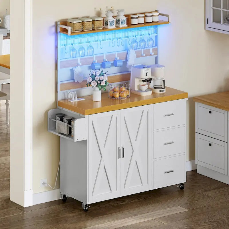 Grand îlot de cuisine roulant avec prise de courant et lumière LED, armoire de rangement avec étagère haute
