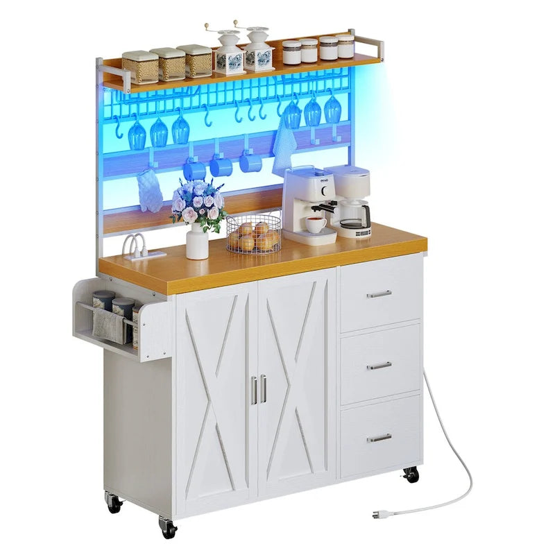 Grand îlot de cuisine roulant avec prise de courant et lumière LED, armoire de rangement avec étagère haute
