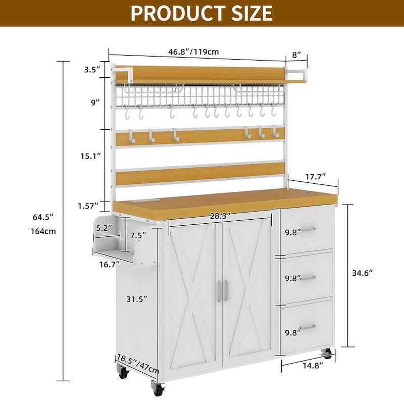 Grand îlot de cuisine roulant avec prise de courant et lumière LED, armoire de rangement avec étagère haute