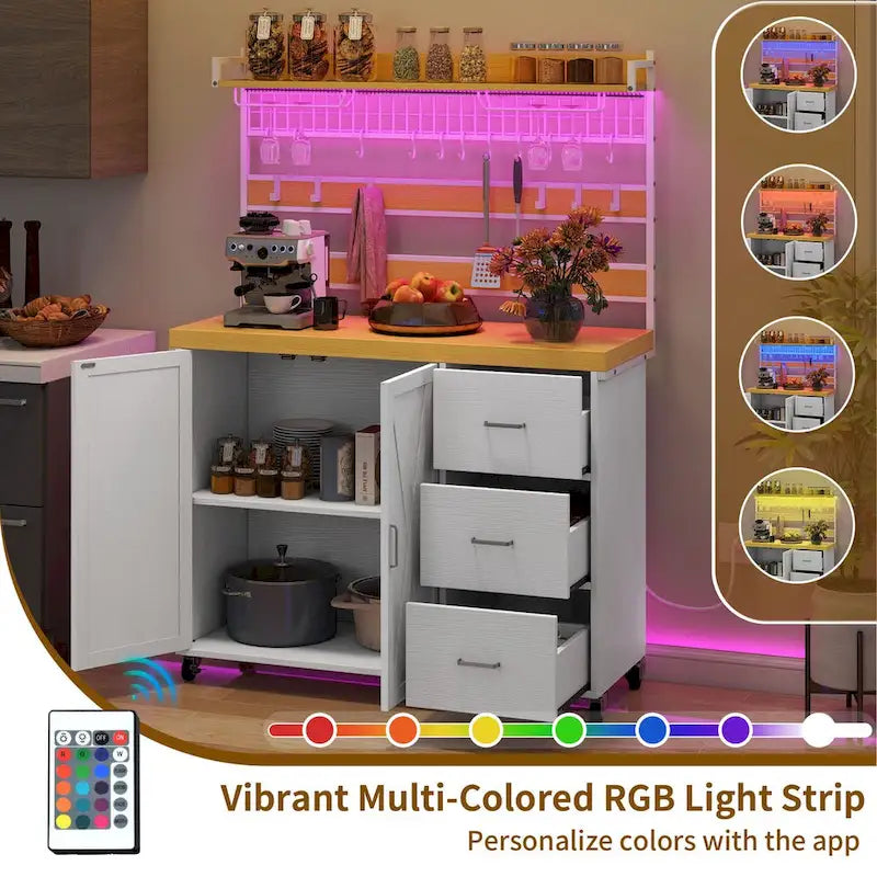 Grand îlot de cuisine roulant avec prise de courant et lumière LED, armoire de rangement avec étagère haute