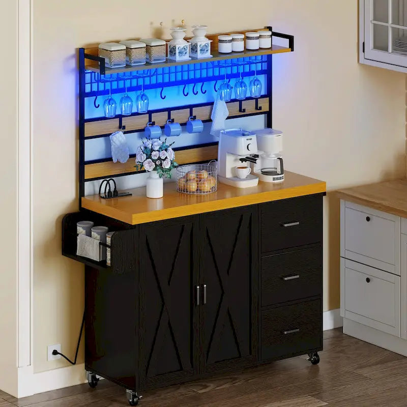 Grand îlot de cuisine roulant avec prise de courant et lumière LED, armoire de rangement avec étagère haute