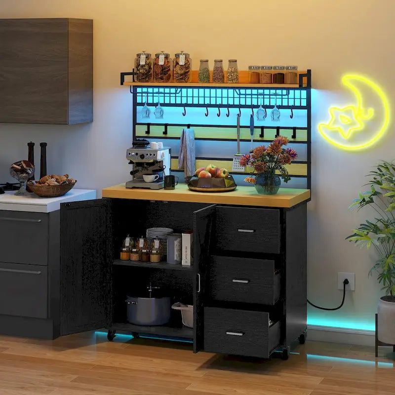 Grand îlot de cuisine roulant avec prise de courant et lumière LED, armoire de rangement avec étagère haute