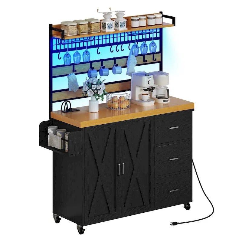 Grand îlot de cuisine roulant avec prise de courant et lumière LED, armoire de rangement avec étagère haute