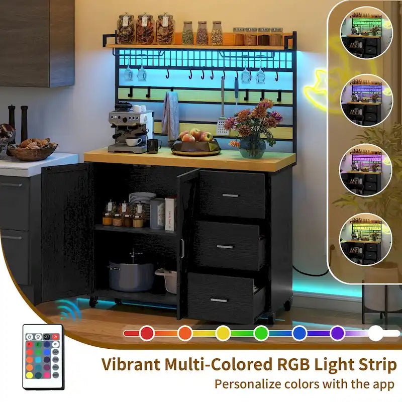 Grand îlot de cuisine roulant avec prise de courant et lumière LED, armoire de rangement avec étagère haute